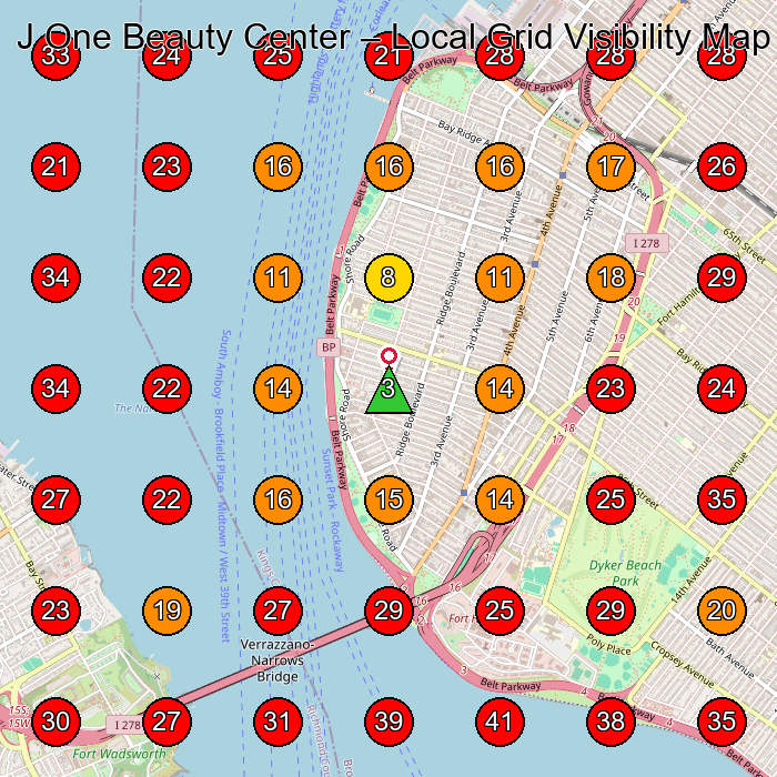 J One Beauty Center GeoGrid visibility map for Beauty Salon in Brooklyn